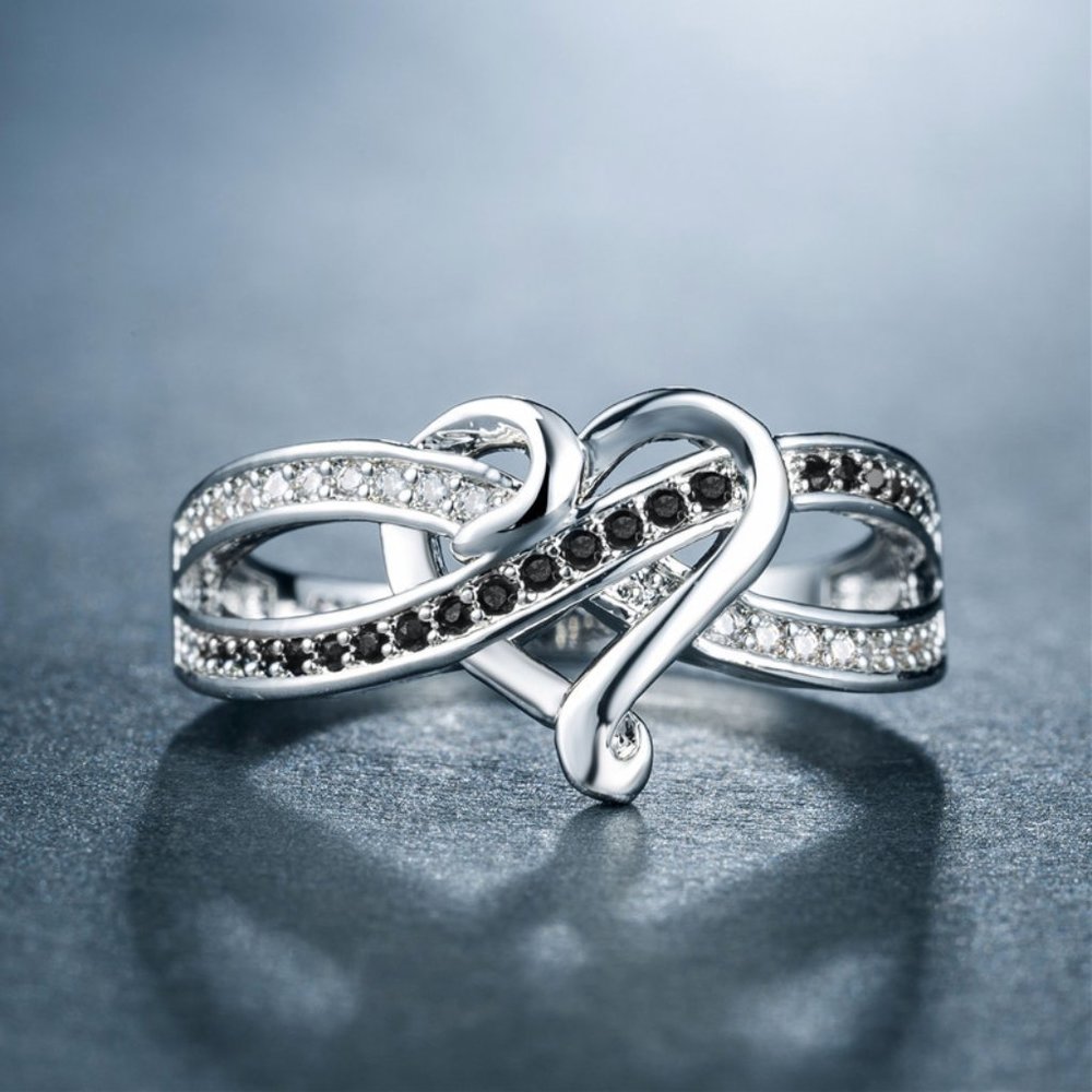"925 Silver Plated Unique Black Lovely Heart Design Ring", FB16FA1138-7